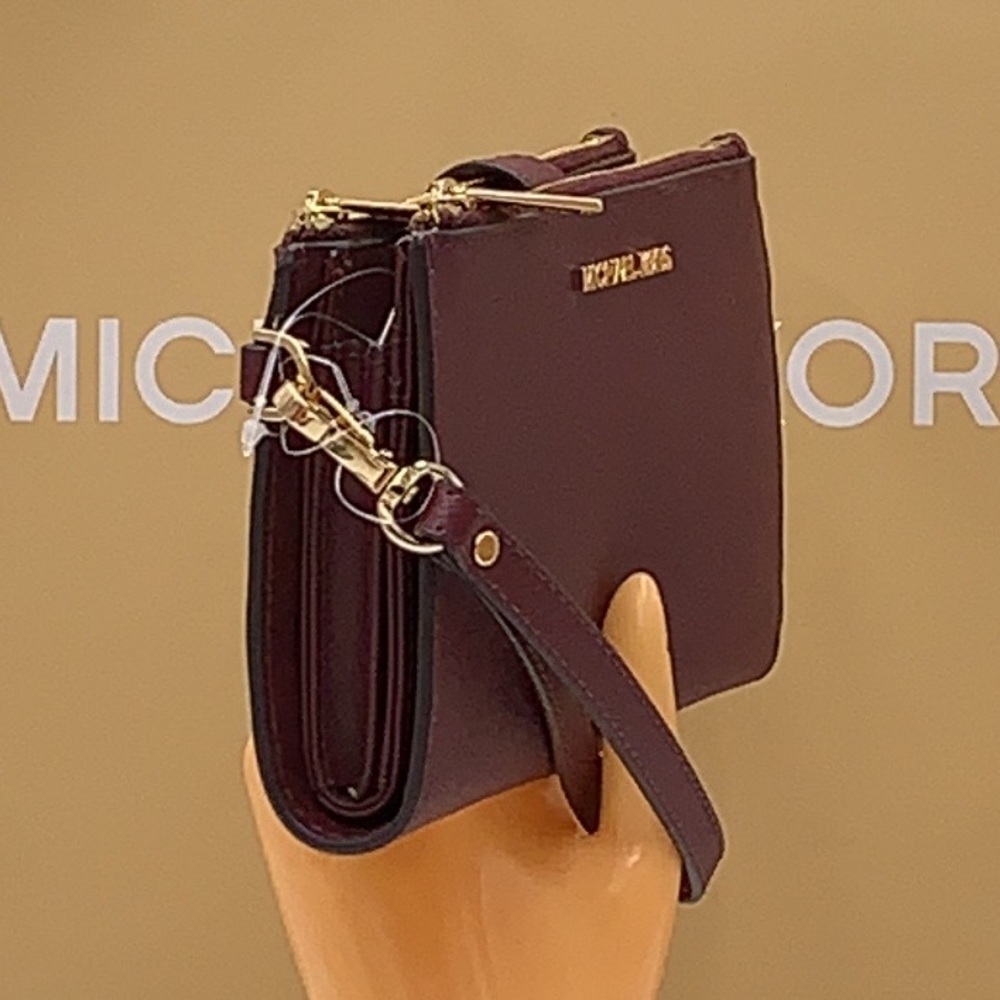 MICHAEL KORS LG DOUBLE ZIP WRISTLET DARK CHERRY MERLOT MULBERRY PHONE CASE NWT - Picture 5 of 16